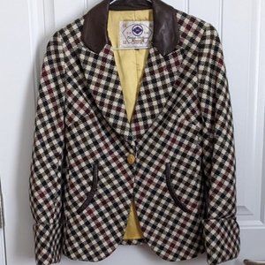 EUC Evisu Plaid Blazer with leather trim